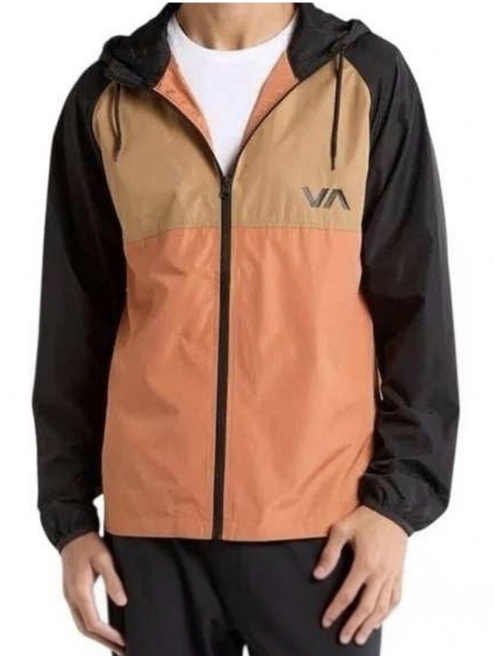 RVCA Ryder Colorblock Windbreaker Jacket Black Tan Orange Hooded Mens Small NWT